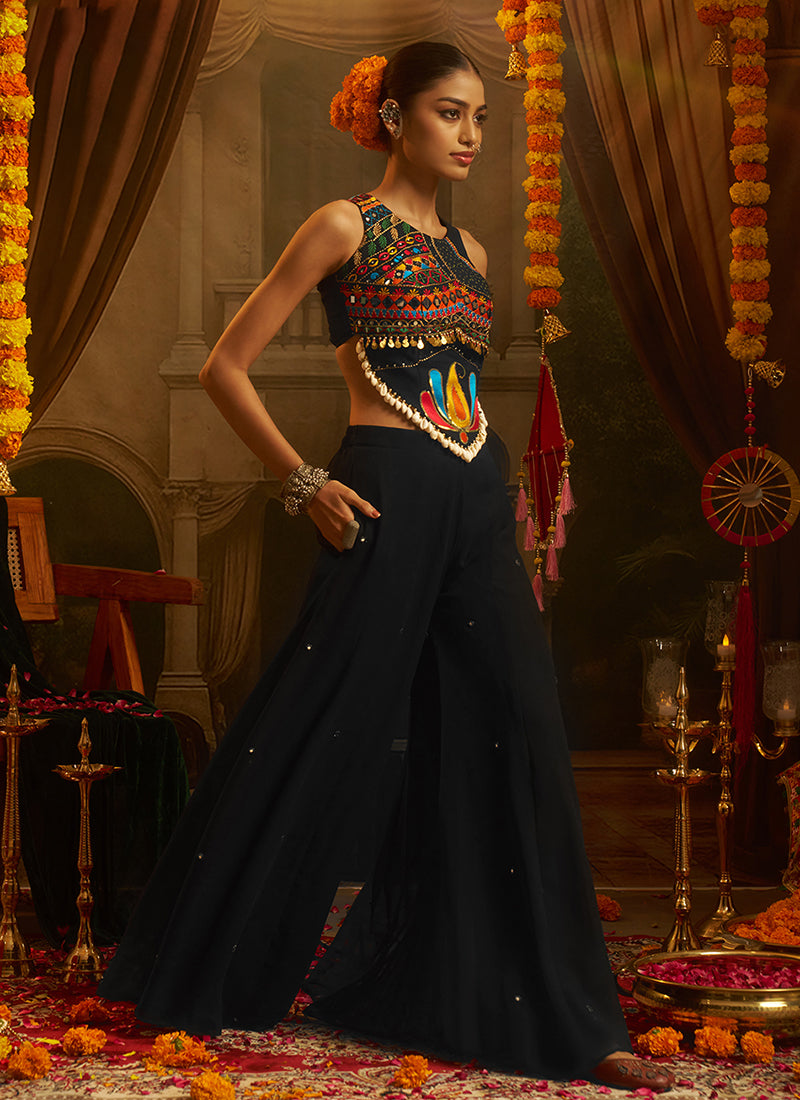 Black Embroidered Georgette Palazzo Suit
