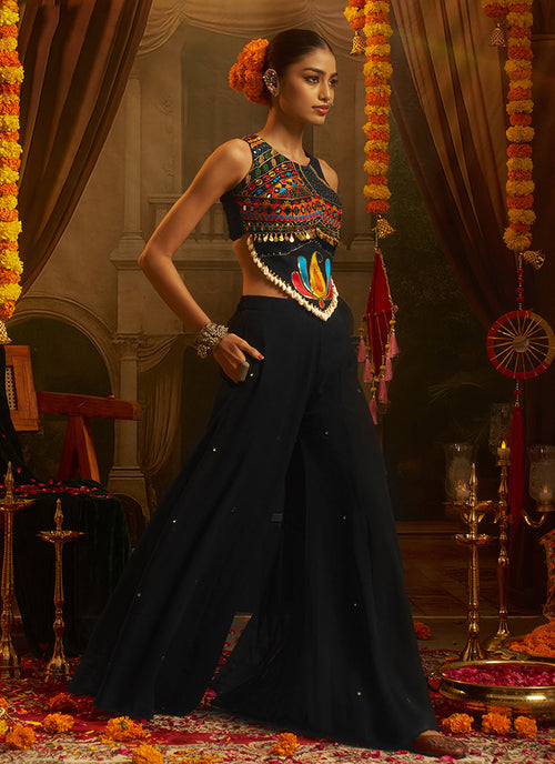 Black Embroidered Georgette Palazzo Suit