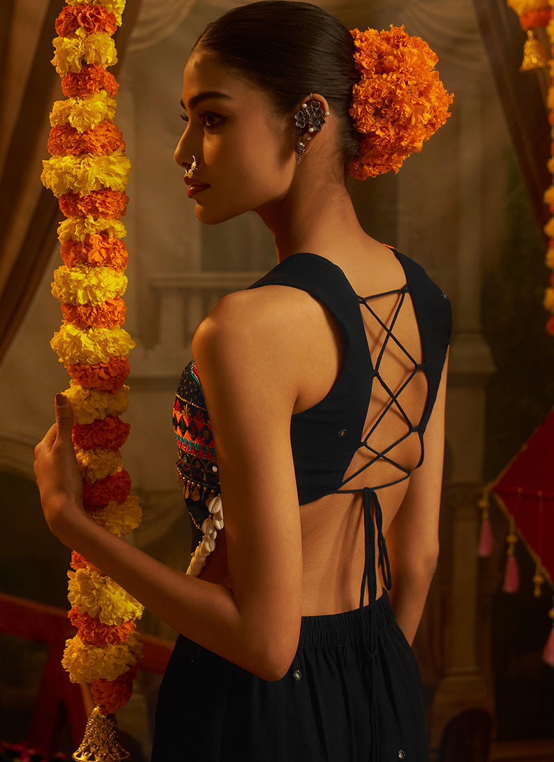 Black Embroidered Georgette Palazzo Suit
