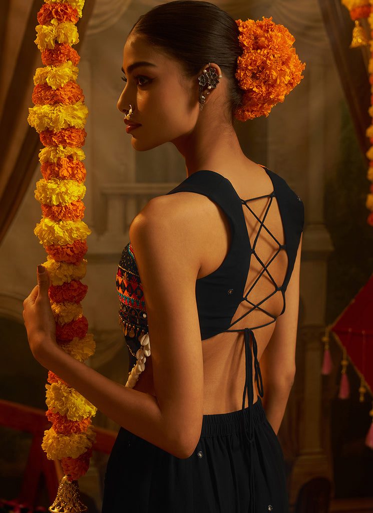 Black Embroidered Georgette Palazzo Suit