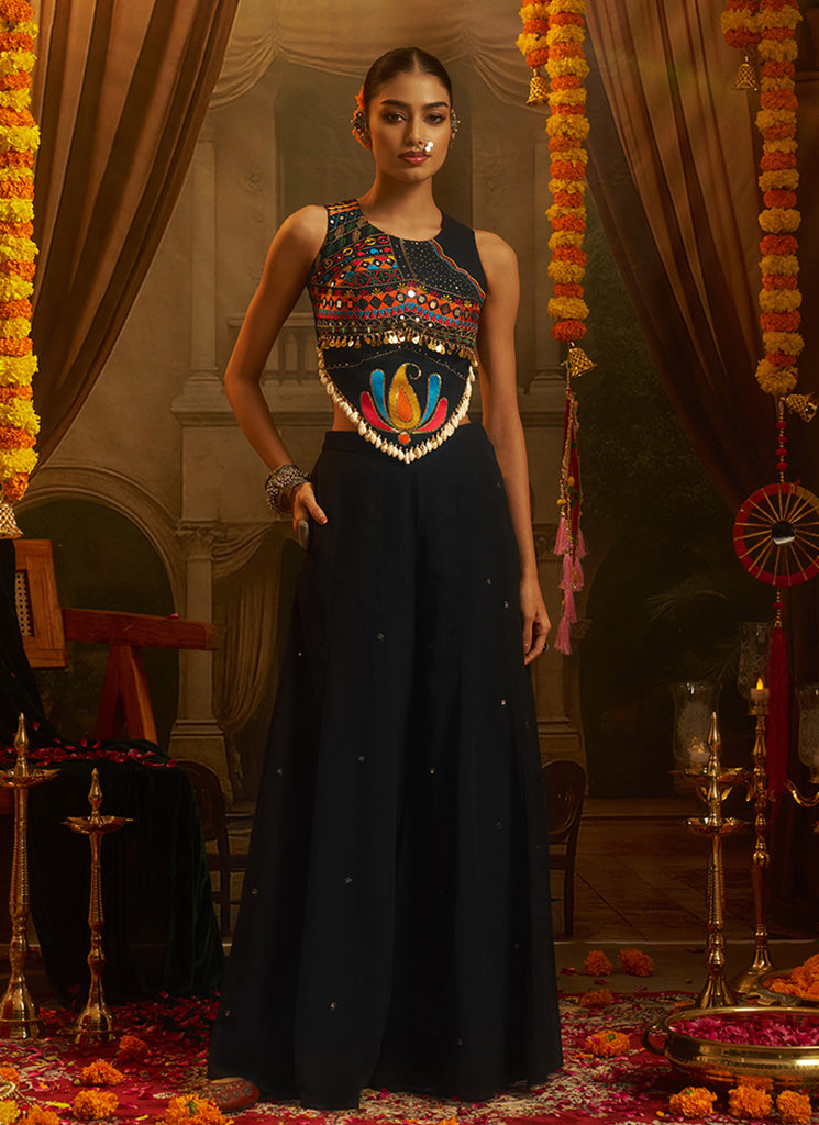 Black Embroidered Georgette Palazzo Suit
