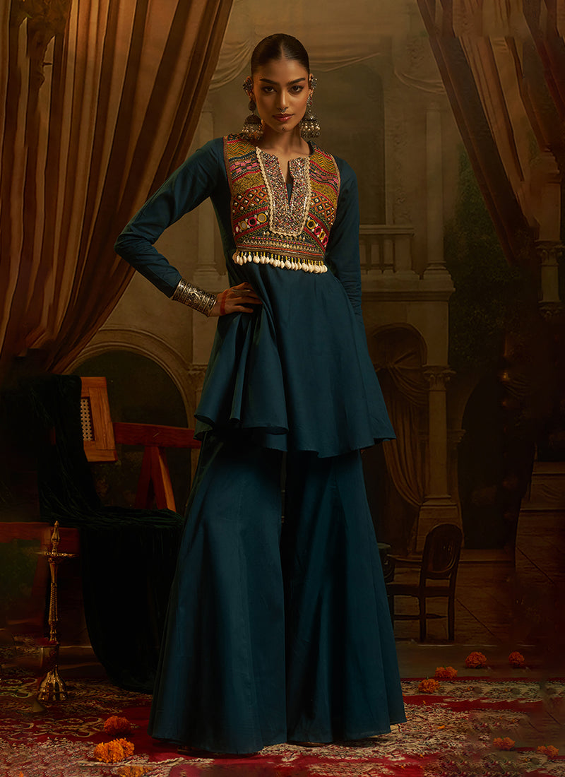Teal Blue Handwork Embroidery Peplum Palazzo Suit