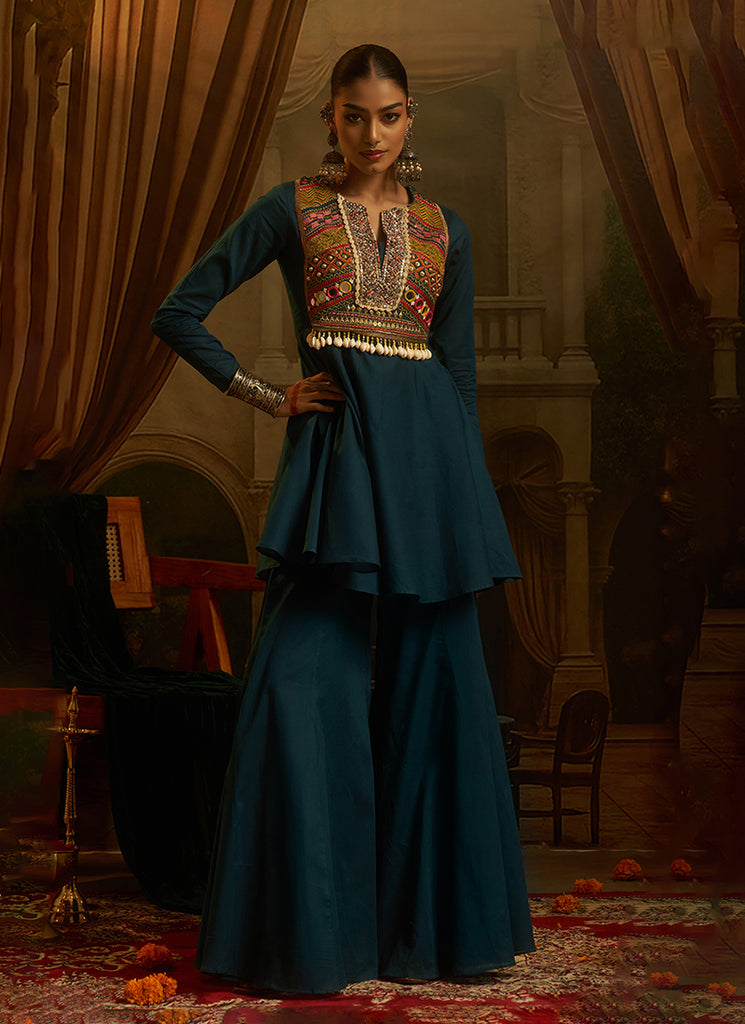 Teal Blue Handwork Embroidery Peplum Palazzo Suit