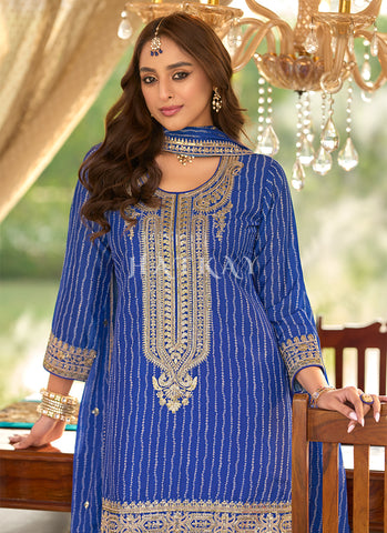 Blue And White Embroidered Palazzo Suit