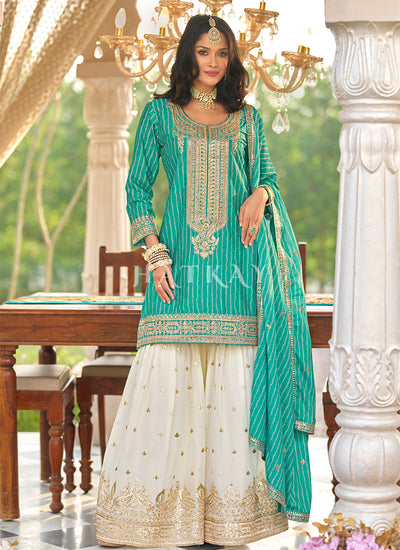 Turquoise And White Embroidered Palazzo Suit