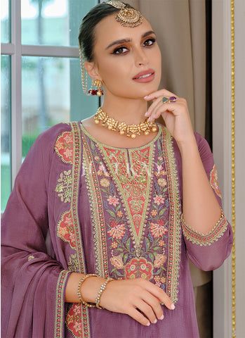 Purple Multi Embroidery Traditional Palazzo Suit