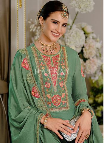Green Multi Embroidery Traditional Palazzo Suit