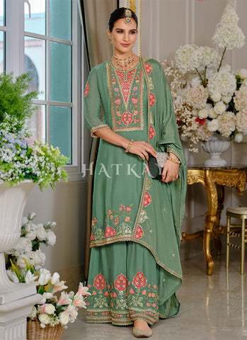 Green Multi Embroidery Traditional Palazzo Suit