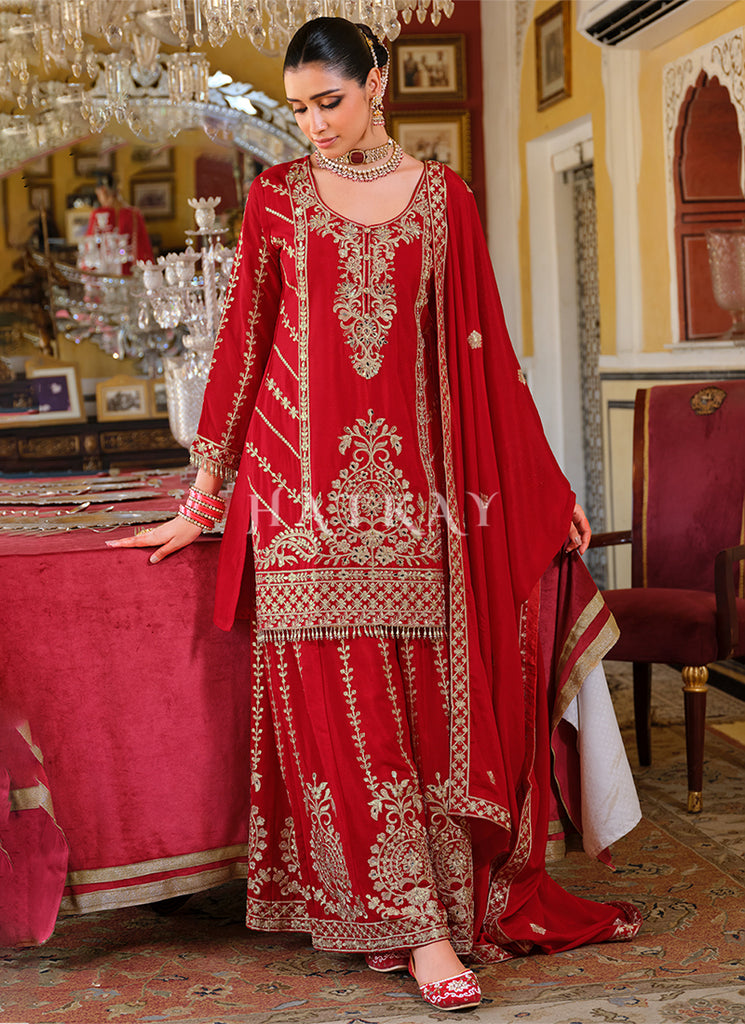 Buy Indian Wedding Outfit In USA - Bridal Red Palazzo Suit Buy Indian Wedding Outfit In USA - Bridal Red Palazzo Suit
