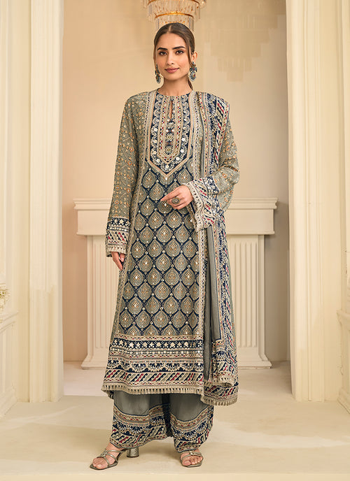 Green Multi Embroidery Digital Print Palazzo Suit