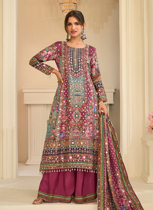 Wine Multi Embroidery Digital Print Palazzo Suit