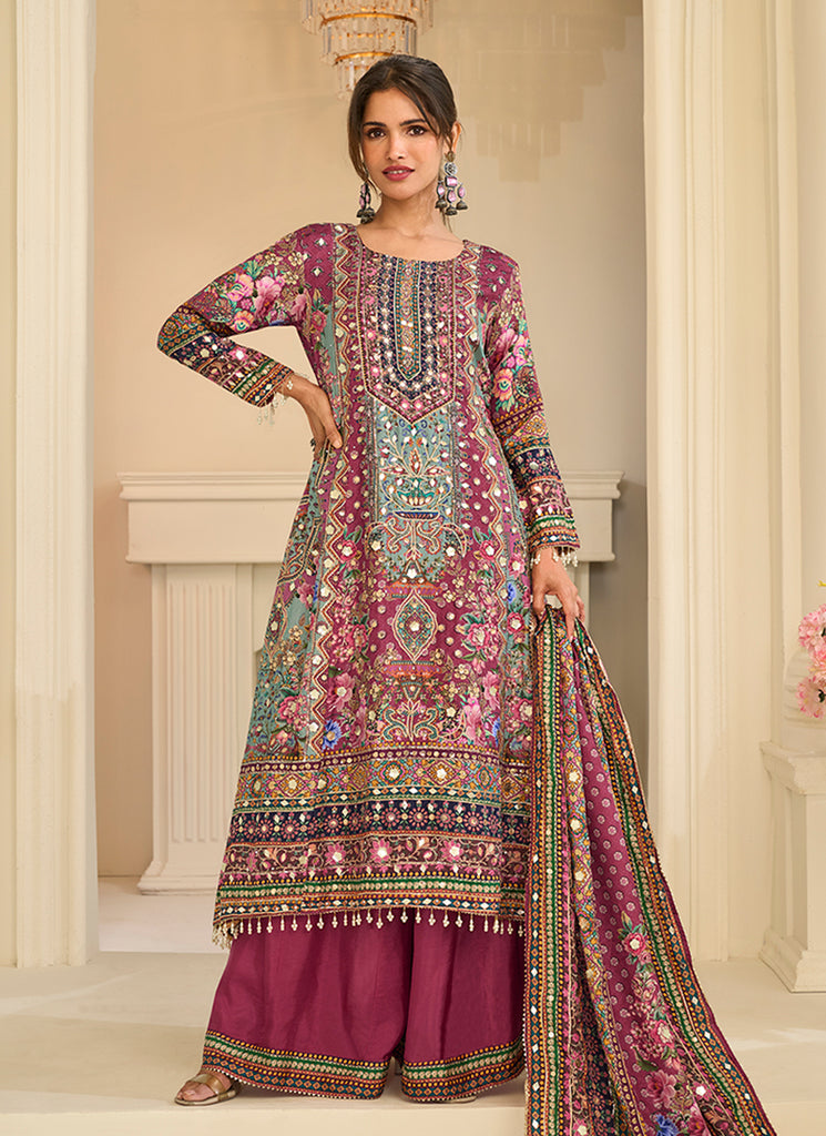 Wine Multi Embroidery Digital Print Palazzo Suit