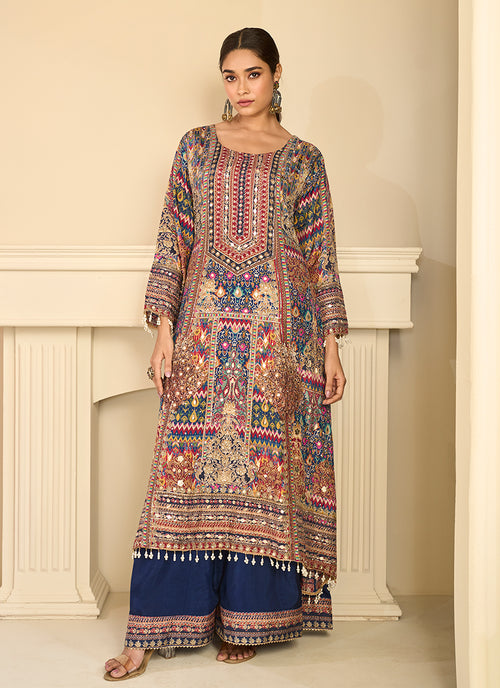 Blue Multi Embroidery Digital Print Palazzo Suit