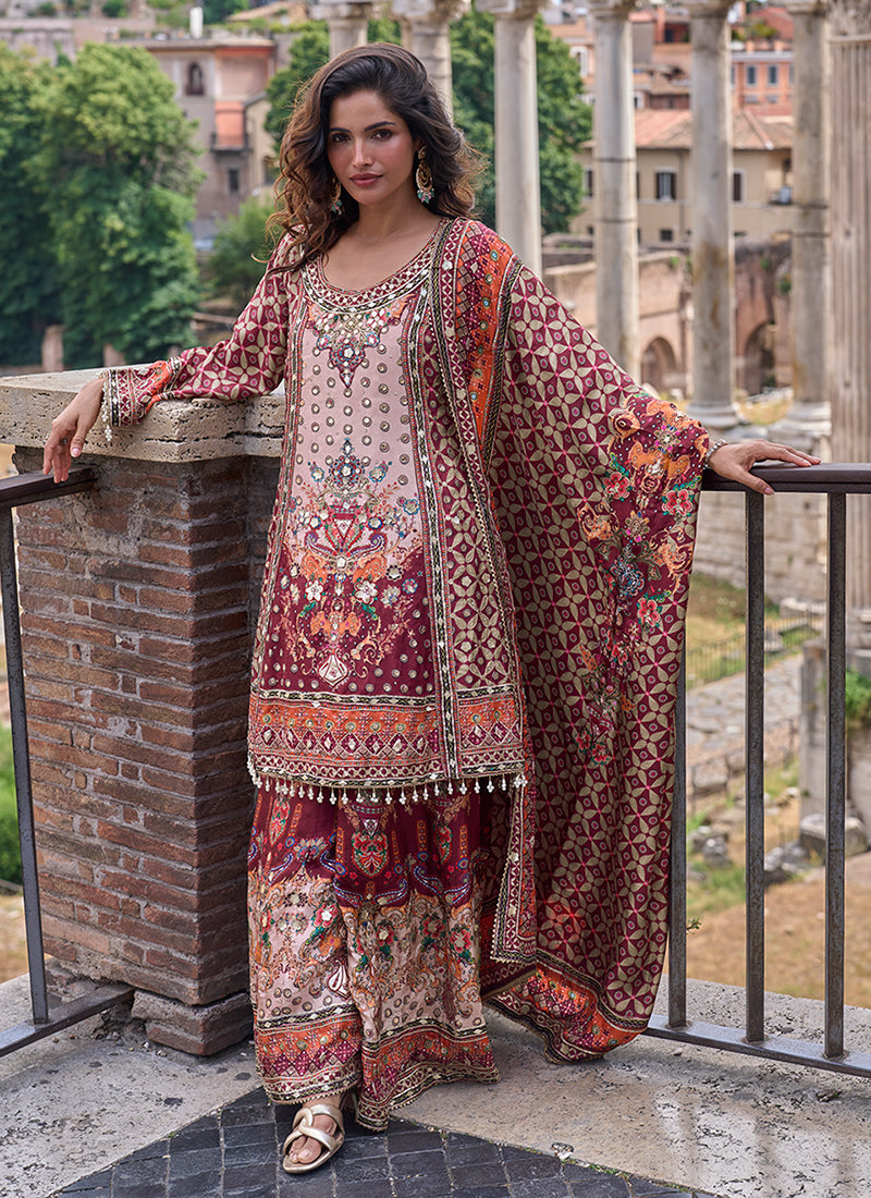 Pink And Red Printed Embroidered Palazzo Suit

