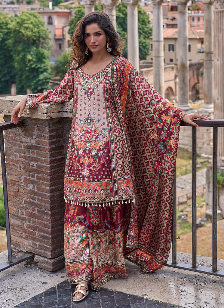 Pink And Red Printed Embroidered Palazzo Suit
