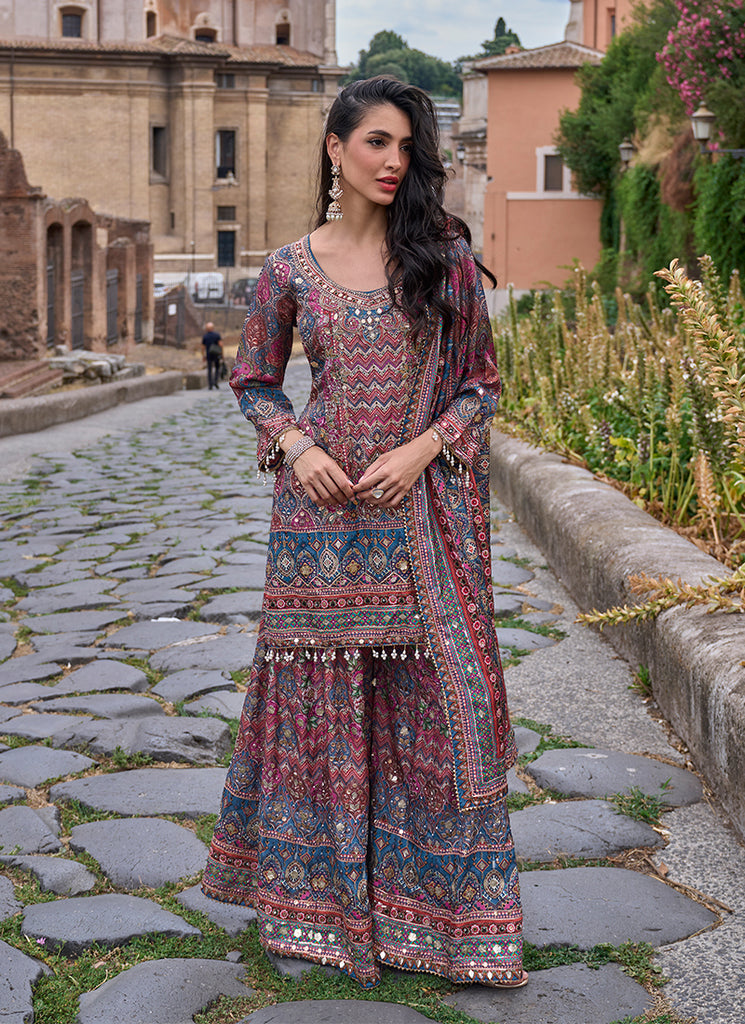 Magenta And Blue Printed Embroidered Palazzo Suit