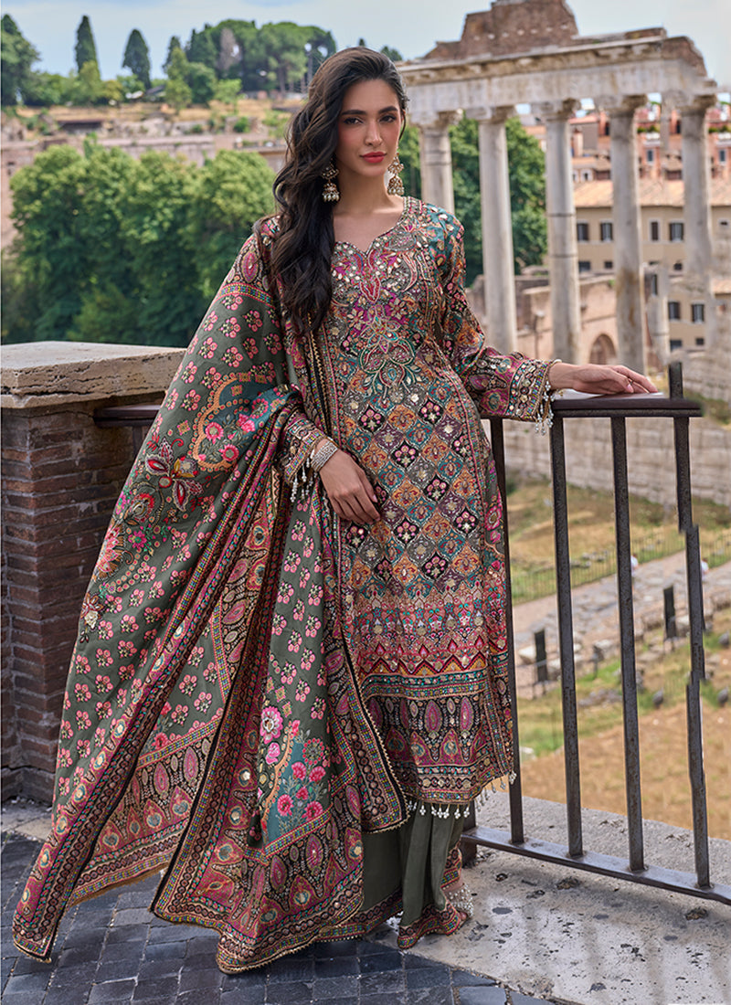 Magenta And Olive Printed Embroidered Palazzo Suit