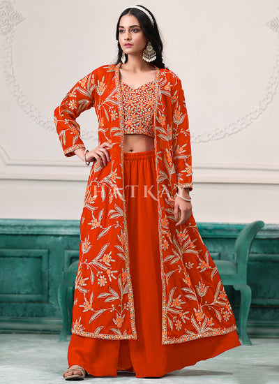 Orange Embroidered Jacket Style Palazzo Suit