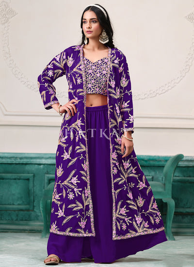 Violet Embroidered Jacket Style Palazzo Suit