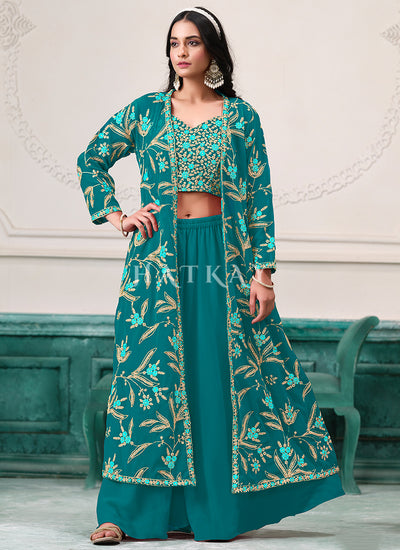 Turquoise Embroidered Jacket Style Palazzo Suit