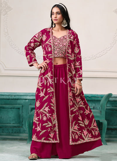 Magenta Pink Embroidered Jacket Style Palazzo Suit