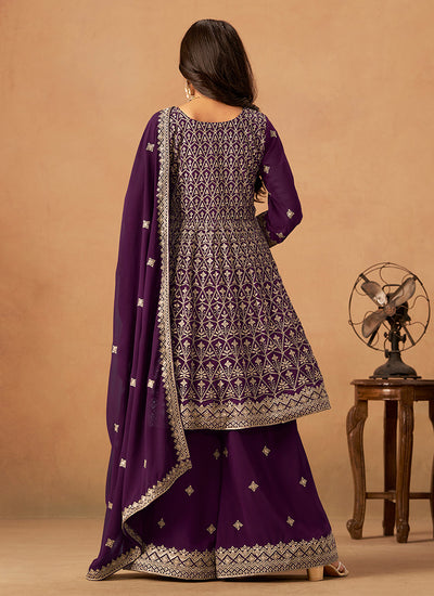 Purple Reshamkari Embroidery Anarkali Palazzo Suit