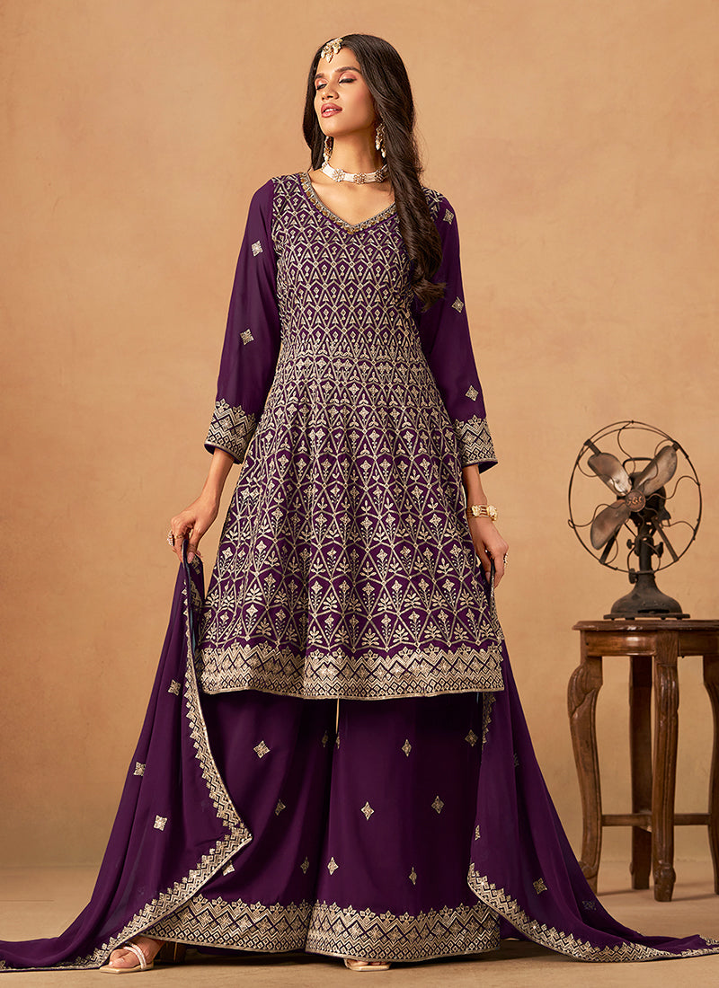 Purple Reshamkari Anarkali Palazzo Suit