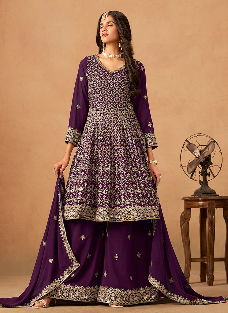 Purple Reshamkari Anarkali Palazzo Suit