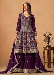Purple Reshamkari Anarkali Palazzo Suit