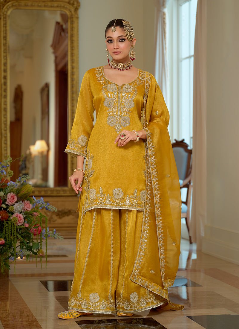 Yellow Reshamkari Embroidered Festive Palazzo Suit