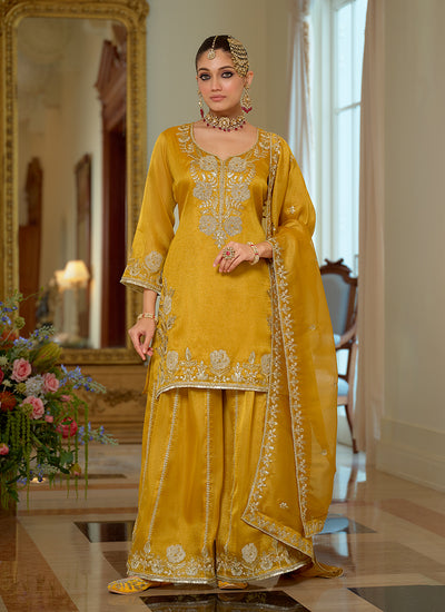 Yellow Reshamkari Embroidered Festive Palazzo Suit