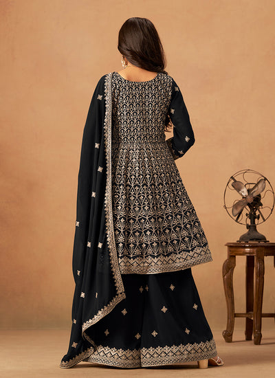 Black Reshamkari Embroidery Anarkali Palazzo Suit