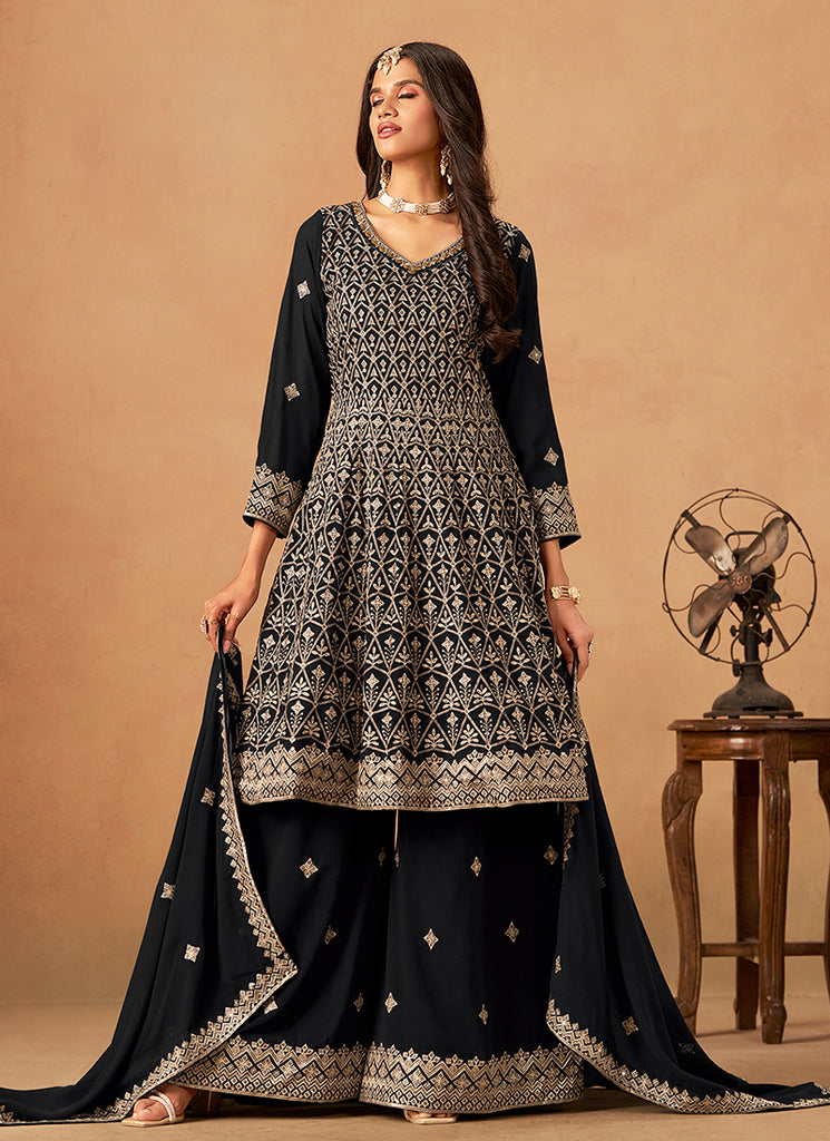 Black Reshamkari Anarkali Palazzo Suit