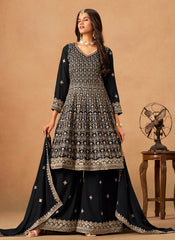 Black Reshamkari Anarkali Palazzo Suit
