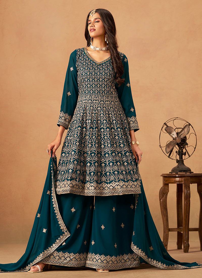 Turquoise Reshamkari Anarkali Palazzo Suit