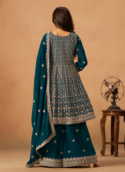 Turquoise Reshamkari Embroidery Anarkali Palazzo Suit