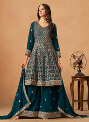 Turquoise Reshamkari Anarkali Palazzo Suit