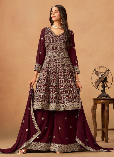 Maroon Reshamkari Anarkali Palazzo Suit