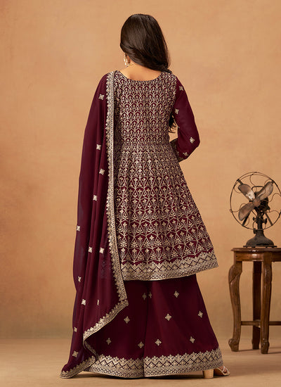Maroon Reshamkari Embroidery Anarkali Palazzo Suit