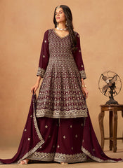 Maroon Reshamkari Anarkali Palazzo Suit