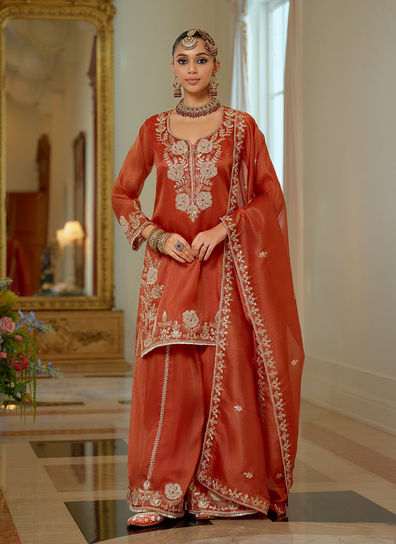 Coral Reshamkari Embroidered Festive Palazzo Suit