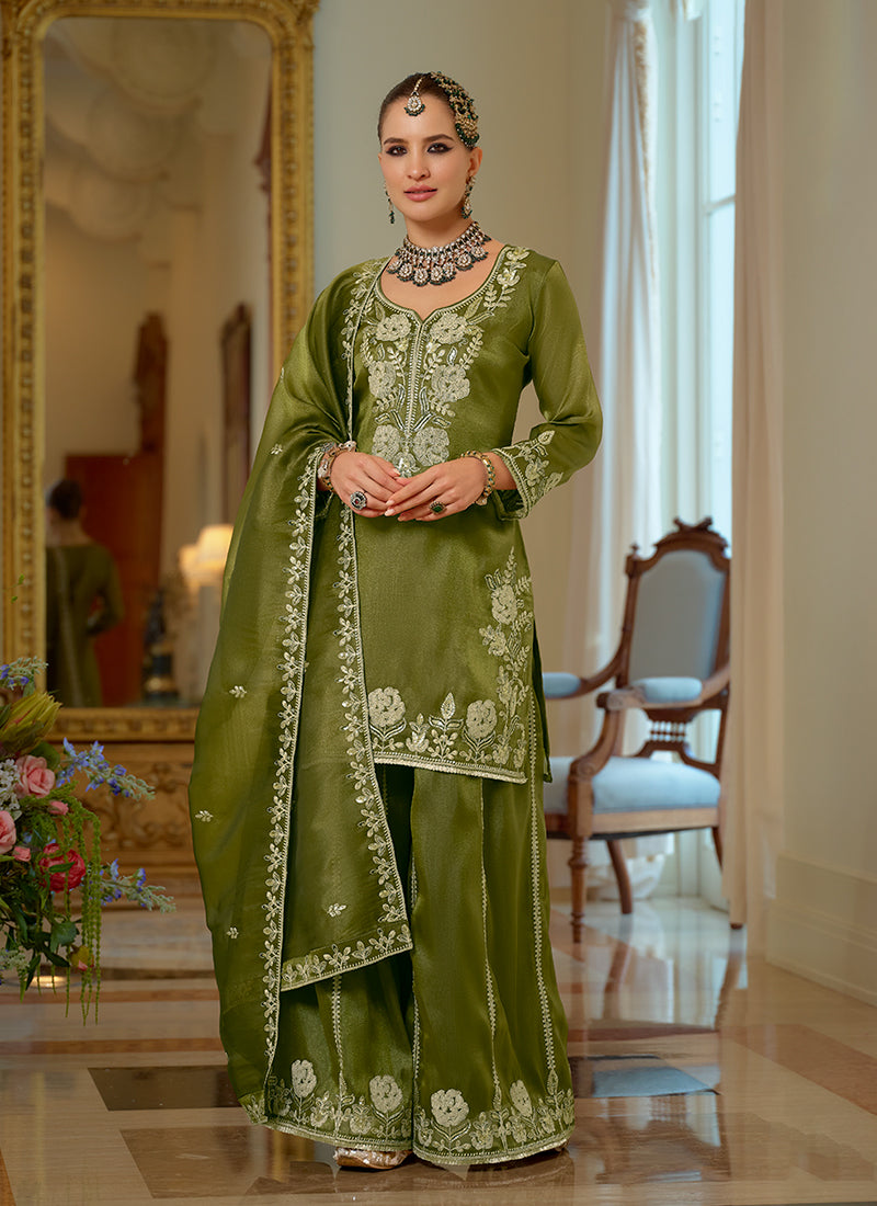 Green Reshamkari Embroidered Festive Palazzo Suit