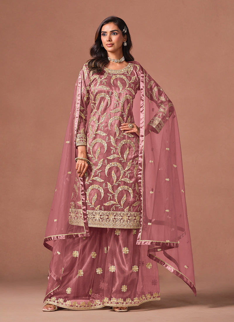 Rose Pink Embroidered Palazzo Suit 