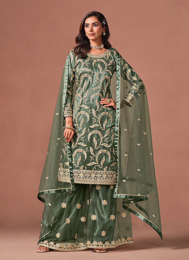 Olive Green Embroidered Palazzo Suit