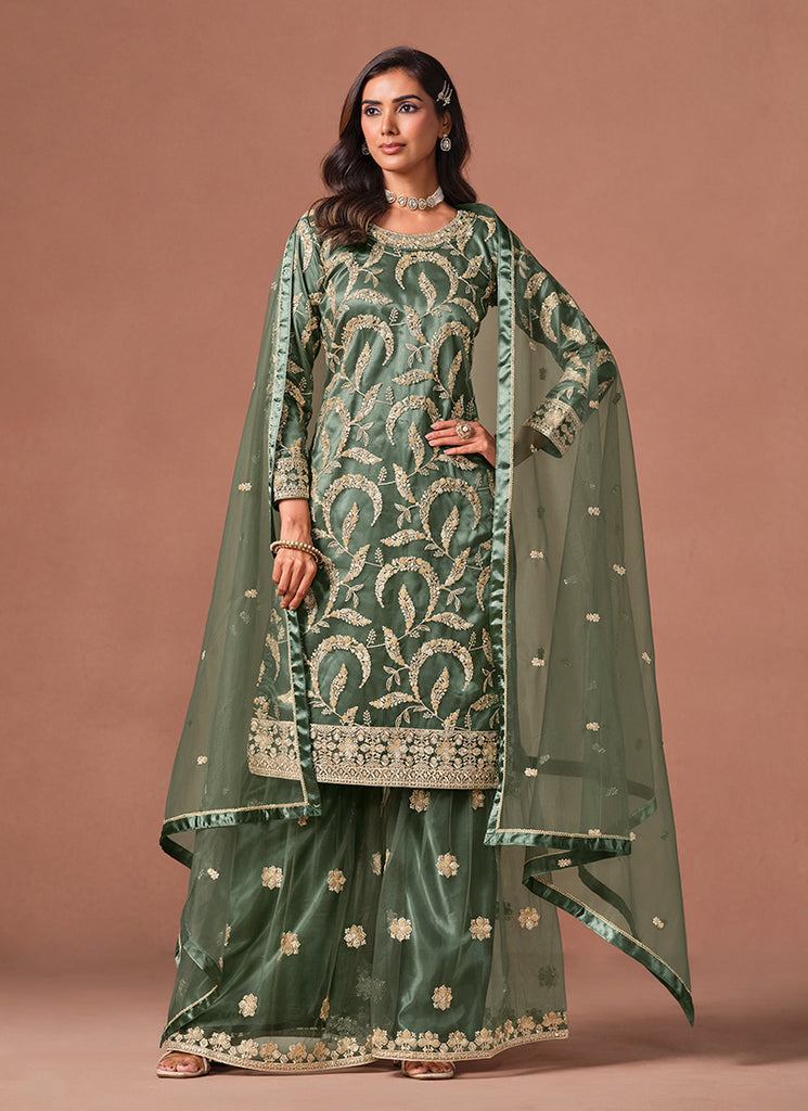 Olive Green Embroidered Palazzo Suit