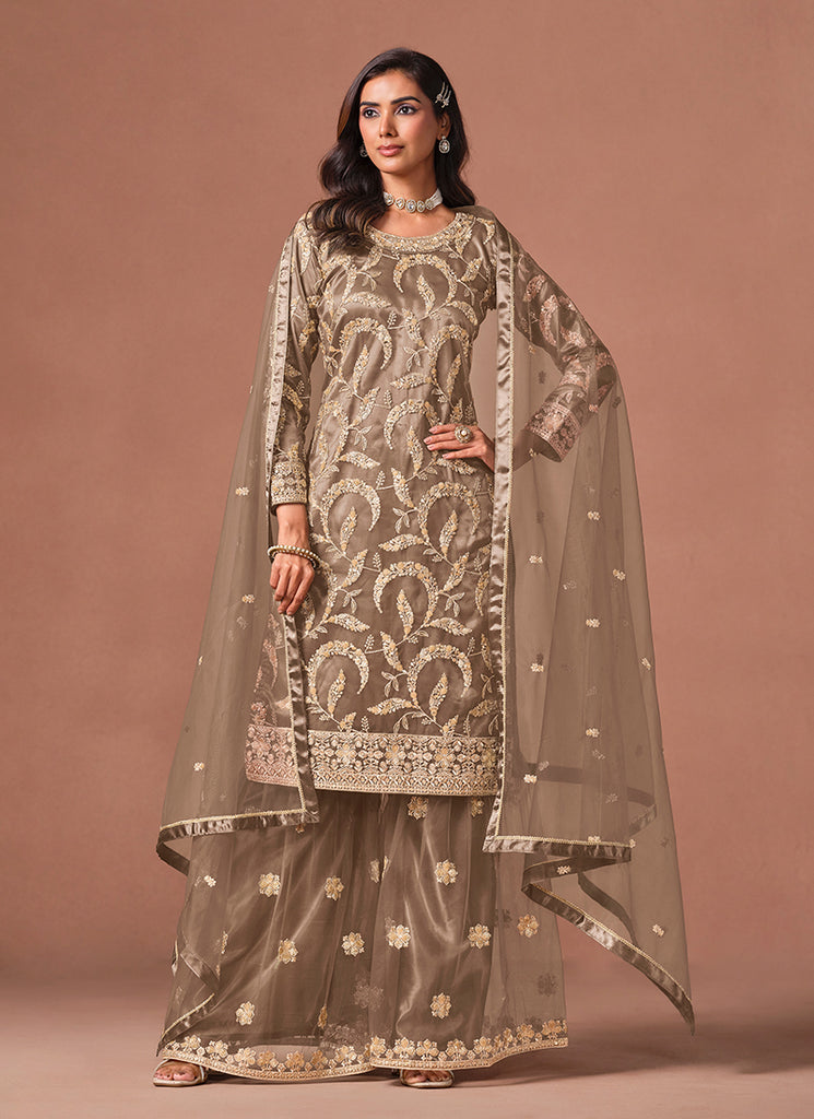 Light Brown Embroidered Palazzo Suit