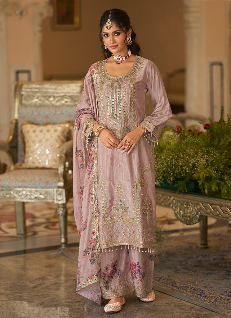 Mauve Purple Embroidered Chinnon Silk Palazzo Suit