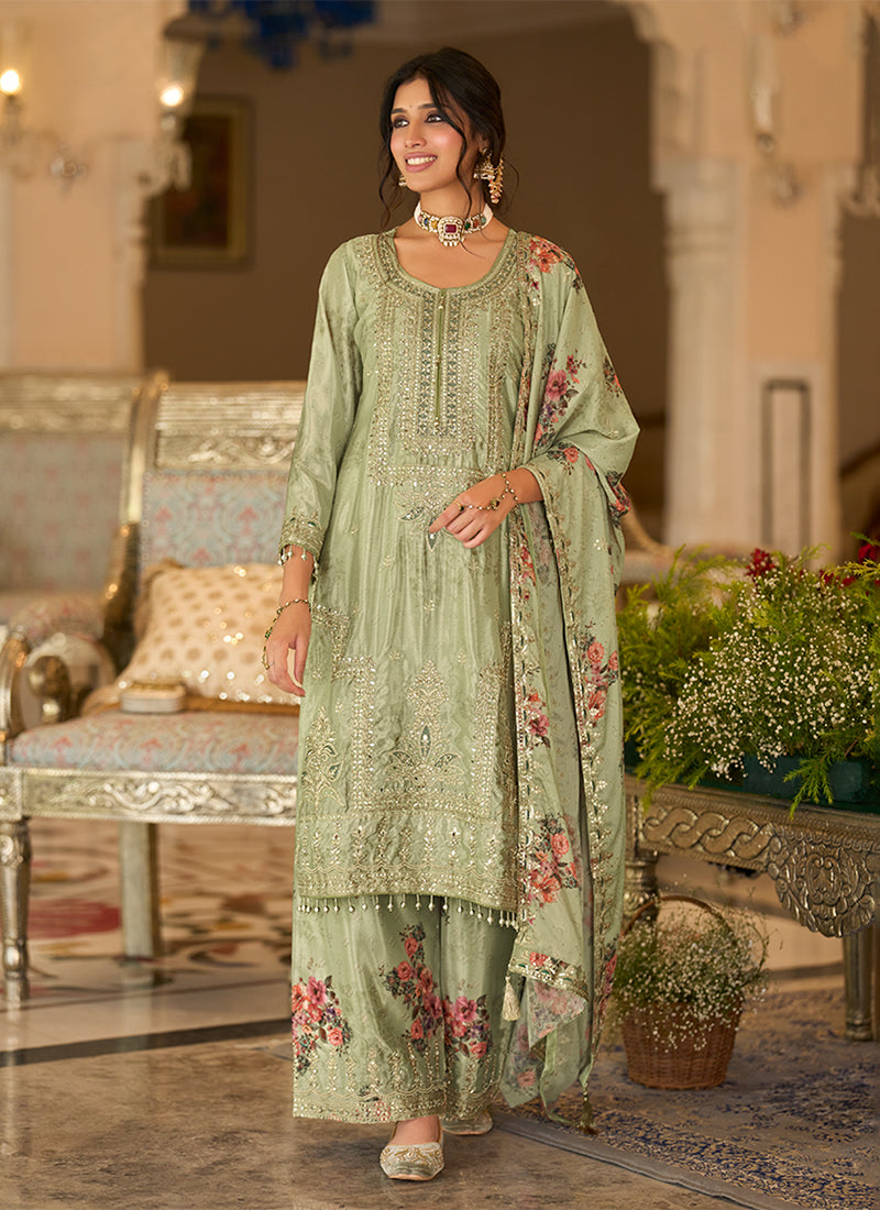 Sage Green Embroidered Chinnon Silk Palazzo Suit