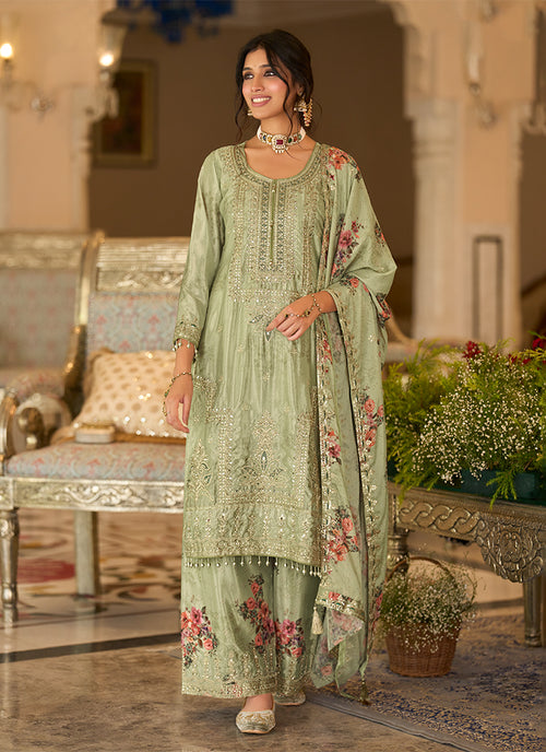 Sage Green Embroidered Chinnon Silk Palazzo Suit