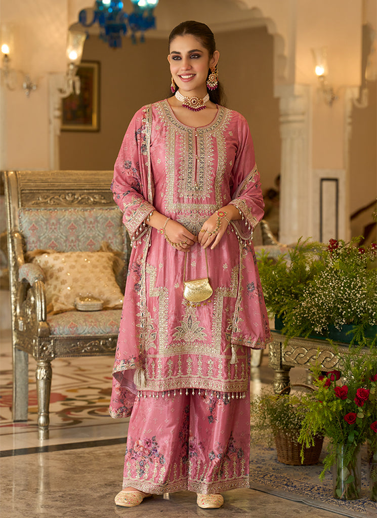 Rose Pink Embroidered Chinnon Silk Palazzo Suit